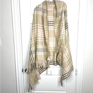 NORDSTROM 100% Cashmere NEW Plaid Wrap Oversized Scarf In Tan Combo NEW
